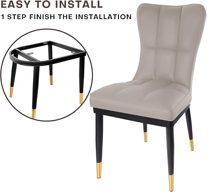 High-Back Faux Leather Dining Chairs Set of 2, Modern Sturdy Upholstered Accent Side Chair Deep Sponge Padded Seat with Metal Legs for Kitchen Dining Room Living Room Bedroom (Light Grey)