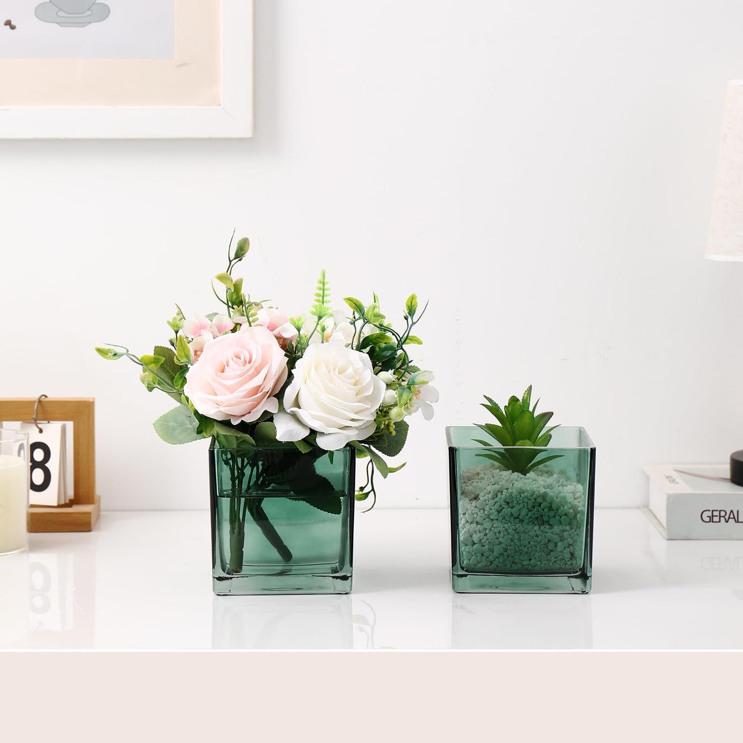 Square Glass Vases Set of 4, 4"x 4"x 4" Flower Vases for Centerpieces, Green Glass Vase for Flowers, Small Vase for Wedding, Party, Home Office Decoration