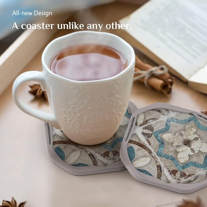 UMIRRO Absorbent Coasters for Drinks, Rustic Retro Silicone Cup Coaster with Felt Insert for Coffee Table Decor, Boho Vintage, Small Birthday Gift Ideas for Men Dad Him Women Mom Her, 4", Set of 4