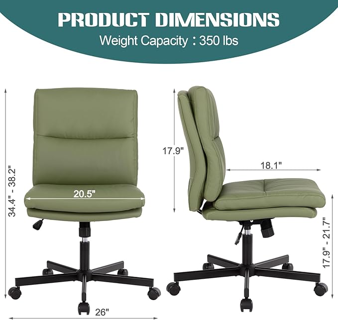 LUCKWIND Armless Office Desk Chair with Wheels, Mid-Back Criss Cross Swivel Task Chair, Height Adjustable Cushioned Vanity Chair, Double Padded PU-Leather Chairs for Home, Office & Bedroom (Green)