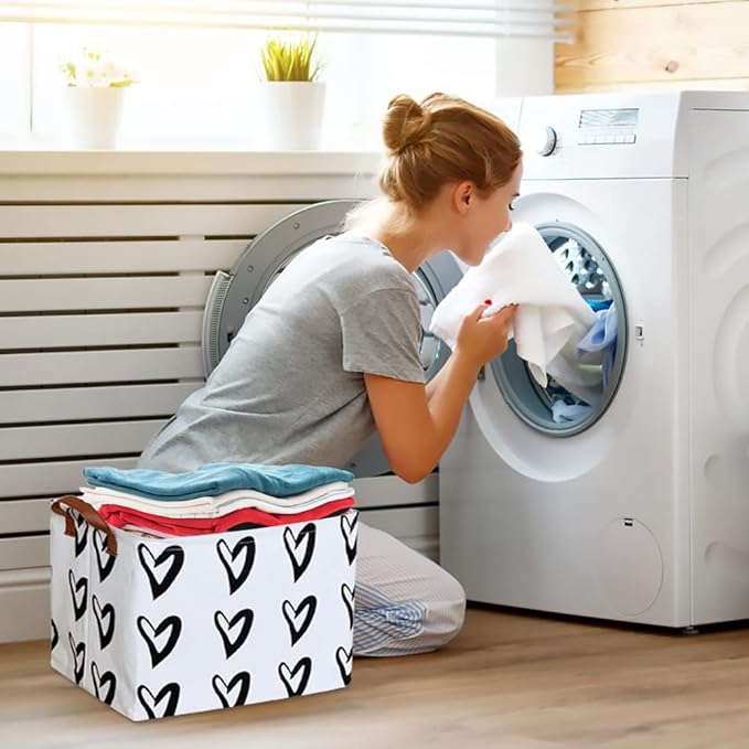 CLOCOR Heart Rectangular Basket, Cute Pattern Storage Bin, Collapsible Waterproof Storage Box with Handles for Kids, Gift Baskets, Shelf Basket (Black Hearts)