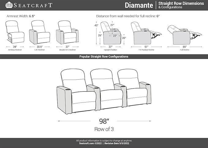 Seatcraft Diamante - Home Theater Seating - Living Room - Power Recline - Italian Leather - Powered Headrests - Cupholders - USB Charging - Ambient Lighting - Arm Storage, Red, Row of 3