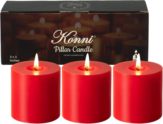 KONNI Red Pillar Candles Set of 3, 3"x 3" Unscented Pillar Candles Bulk, 30 Hours Long Burning Candles, Smokeless and Dripless Large Round Candle for Wedding, Home Decoration, Parties, Spas, Dinner