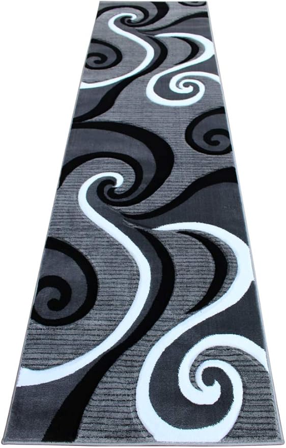 Masada Rugs Sophia Collection Hand Carved Runner Area Rug Modern Contemporary Grey White Black (2 Feet 8 Inch X 10 Feet) Runner