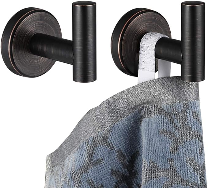 JQK Bathroom Towel Hook Oil Rubbed Bronze, 304 Stainless Steel 0.8mm Coat Robe Clothes Hook for Bathroom Kitchen Garage Wall Mounted (Pack of 2), TH100-ORB-P2