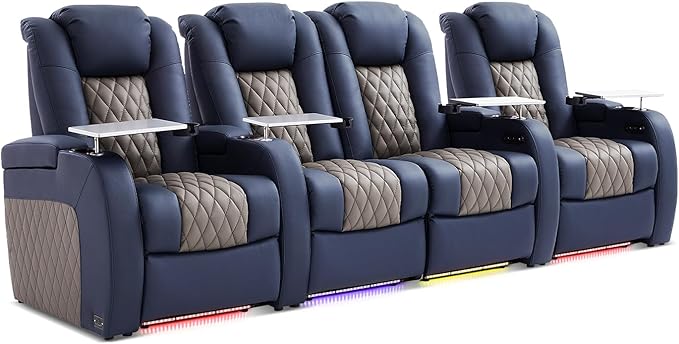 Home Theater Seating, Top Grain Leather Movie Seats Recliner Chair, Zero Gravity Reclining Gaming Sofa with Power Headrest 7 Colors Ambient Lighting 4 Seats Loveseat Middle Blue Grey