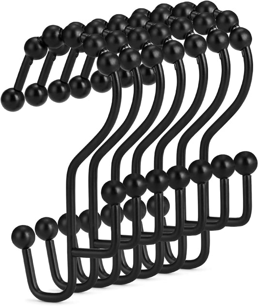 Shower Curtain Hooks, 12Pcs Shower Curtain Rings Rust Proof, Stepped Double Hook Shower Curtain Hooks, Easy Glide Metal Shower Hooks for Shower Curtain Bathroom Kitchen Wardrobe, Black