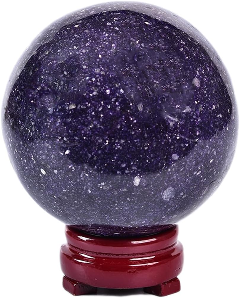JIC Gem Deep Purple Lepidolite Sphere with Stand Natural Sparkling Lithia Mica Crystal Ball Brazil Mineral Gemstone (80-90mm)