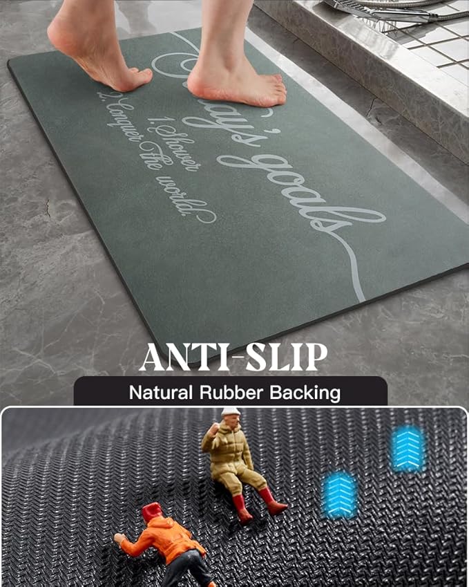 MontVoo -Bath Mat Rug- Non Slip Quick Dry Absorbent Thin Bathroom Rugs Fit Under Door-Faux Suede Surface Bathroom Floor Mats-Shower Rug for in Front of Bathtub Shower 16"X24" Green Text Pattern
