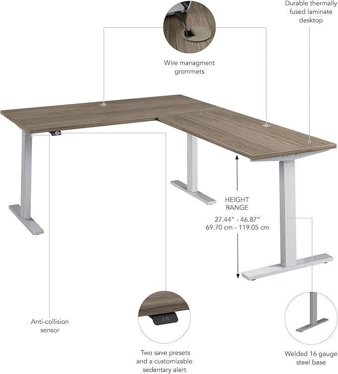 Bush Business Furniture 60-inch Height Adjustable L Shaped Standing Desk, Electric Sit-Stand Corner Computer Table, Ergonomic Office, Move 60 Series, Modern Hickory with Metallic Gray Base