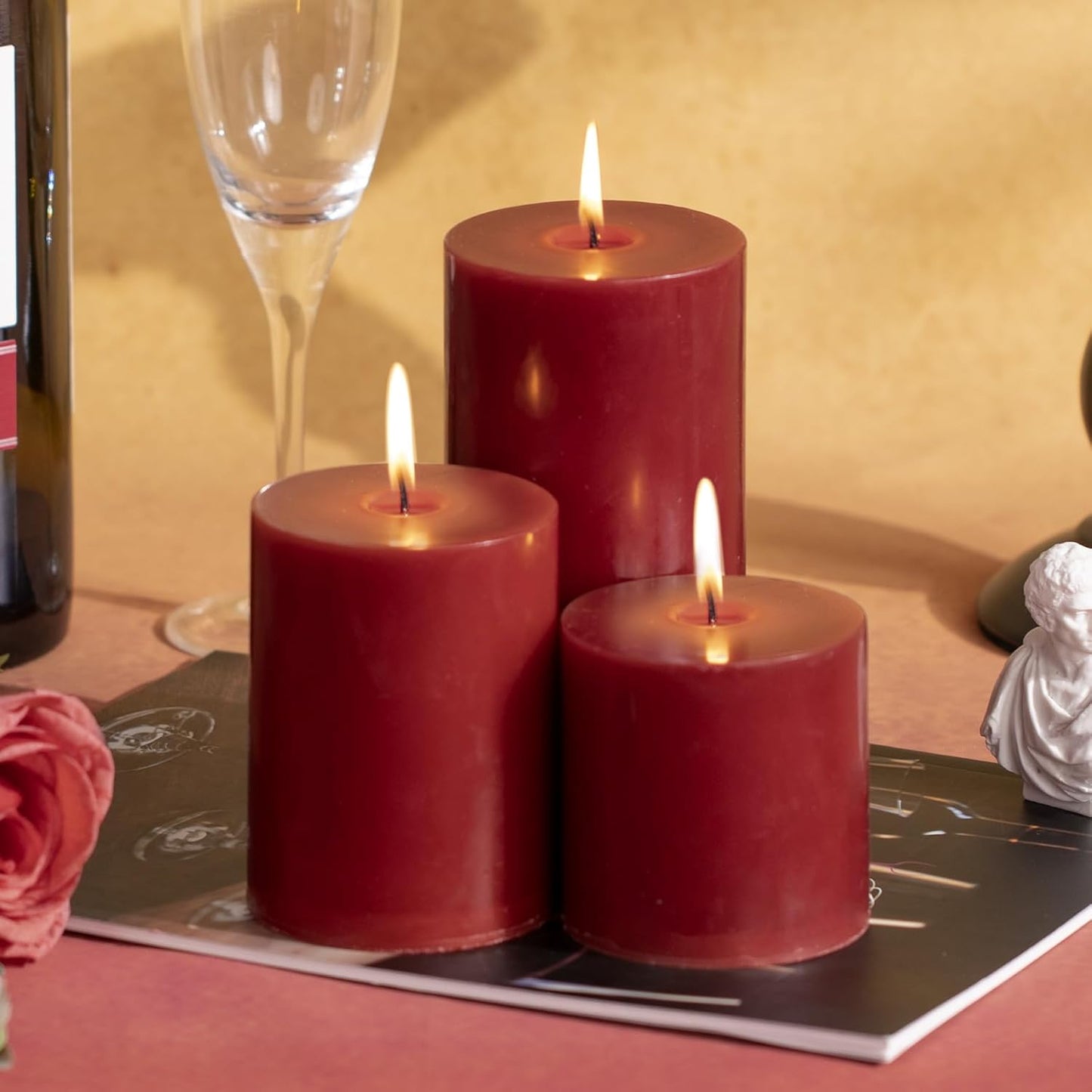 KONNI Dark Red Pillar Candles Set of 3, 3"x 3" Unscented Pillar Candles Bulk, 30 Hours Long Burning Candles, Smokeless&Dripless Large Round Candle for Wedding, Home Decoration, Parties, Spas, Dinner