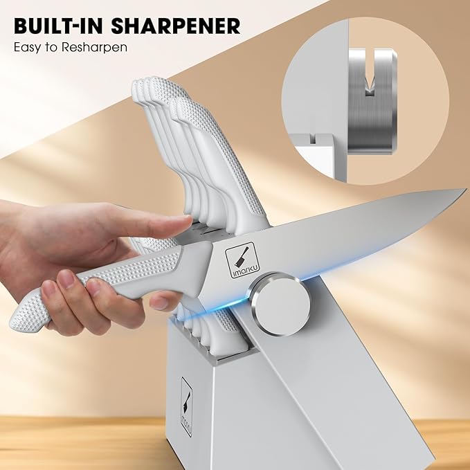 imarku 14-Piece Kitchen Knife Set with Block and Sharpener, Professional Stainless Steel with Non-Slip Ergonomic Handle, Dishwasher Safe, Home Essential, Gray-White