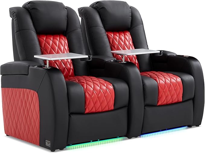 Home Theater Seating, Top Grain Leather Movie Seats Recliner Chair, Zero Gravity Reclining Gaming Sofa with Power Headrest 7 Colors Ambient Lighting 2 Seats Black Dark Red