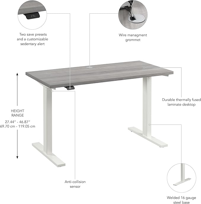 Bush Business Furniture 48-inch Electric Height Adjustable Standing Desk, Ergonomic Sit-Stand Computer Table for Home and Professional Office, Move 60 Series, Platinum Gray with White Base