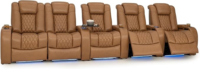 Seatcraft Diamante Zero-Gravity CoolZero Italian Leather Home Theater Seating, Power Headrest, Power Recline, Row of 5 Left Loveseat, Tan Oak