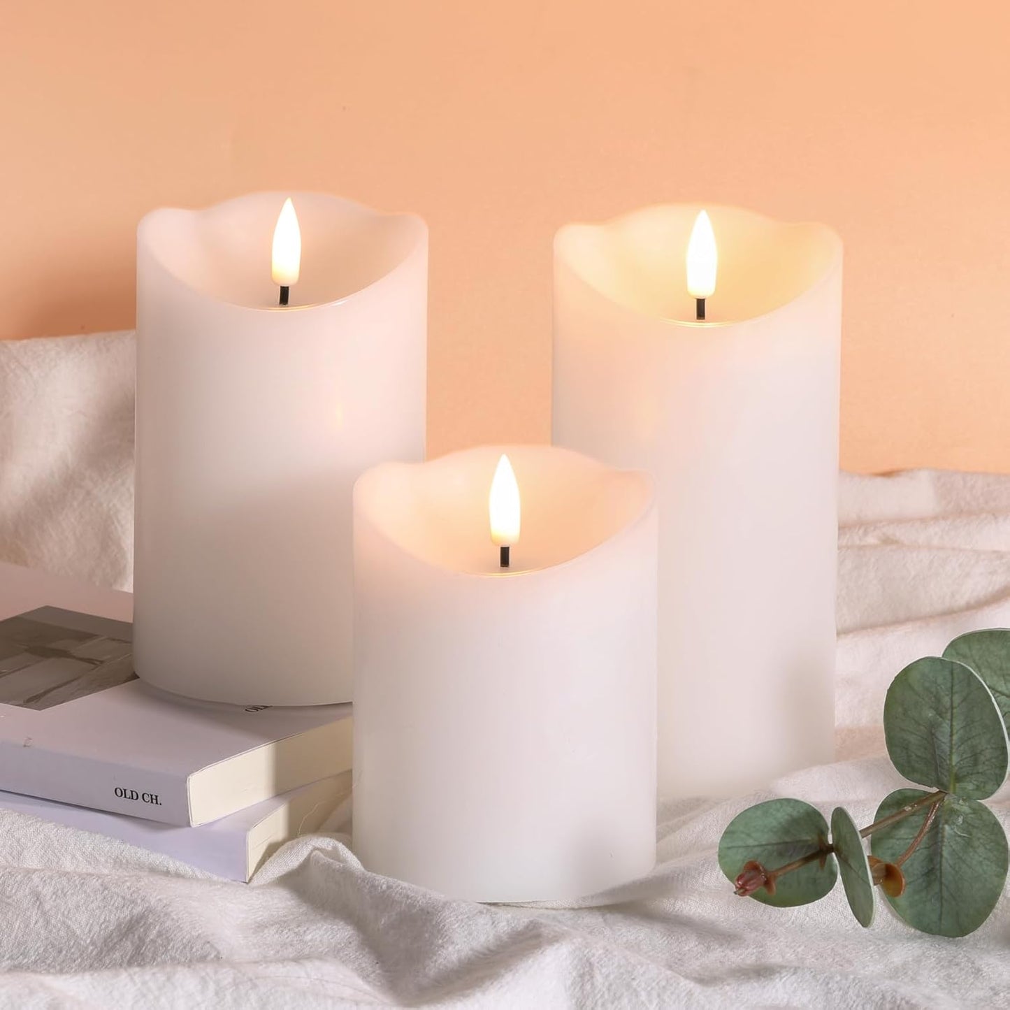 Eywamage White Flameless Pillar Candles with Remote, Flickering Realistic Battery Powered LED Wax Candles, Φ 3" H 4" 5" 6"