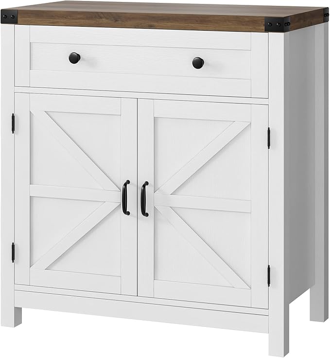 HOSTACK Coffee Bar Cabinet, Kitchen Storage Cabinet, Modern Farmhouse Buffet Sideboard with Drawer and Adjustable Shelf, Barn Door Accent Cabinets for Kitchen, Dining Room, Entryway, White