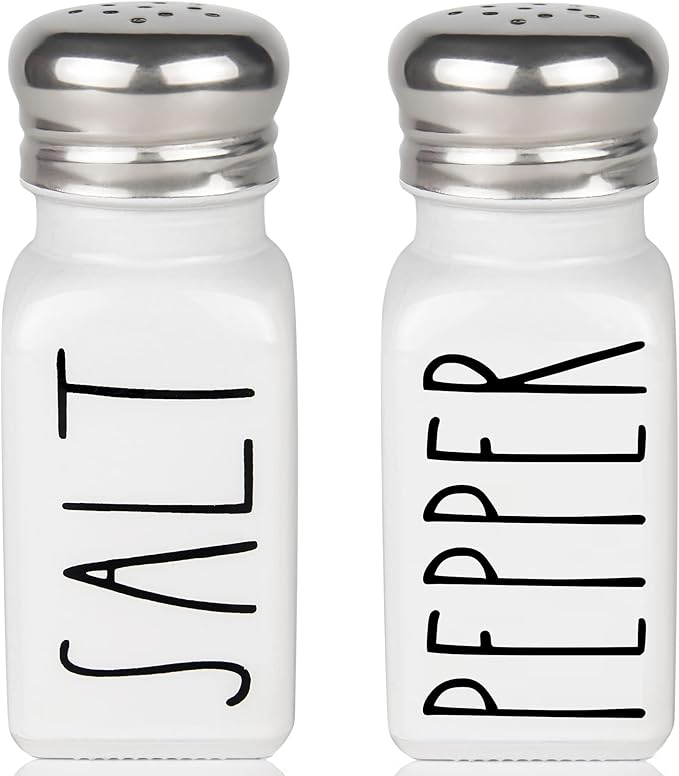 White Salt and Pepper Shakers Set by Brighter Barns - Neutral Minimalist Kitchen Decor - Modern Farmhouse Kitchen Decor - Cute Glass Shakers for Home Restaurants Weddings & Stainless Steel Lid (White)