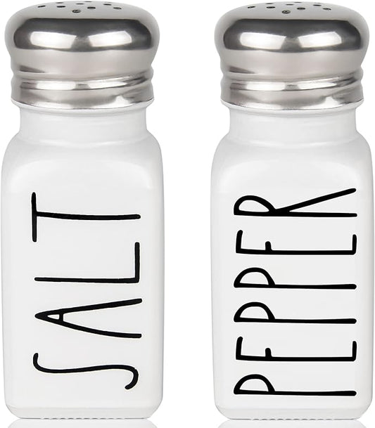 White Salt and Pepper Shakers Set by Brighter Barns - Neutral Minimalist Kitchen Decor - Modern Farmhouse Kitchen Decor - Cute Glass Shakers for Home Restaurants Weddings & Stainless Steel Lid (White)
