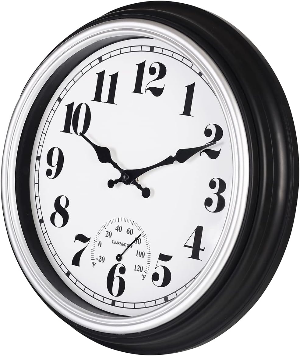45MinST 12 Inch Indoor/Outdoor Retro Round Waterproof Wall Clock with Thermometer, Silent Non Ticking Battery Operated Quality Quartz Wall Clock Home/Patio Decor(Silver F)
