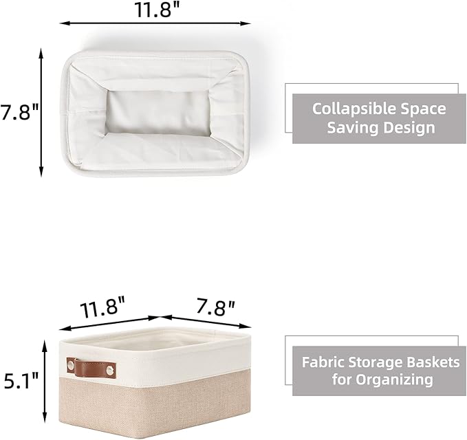 HNZIGE Small Fabric Baskets for Organizing(6 pack) Collapsible Storage Baskets for Shelves, Closets, Laundry, Nursery, Decorative Baskets for Gifts Empty (White&Khaki, 11.8" x 7.8" x 5.1")