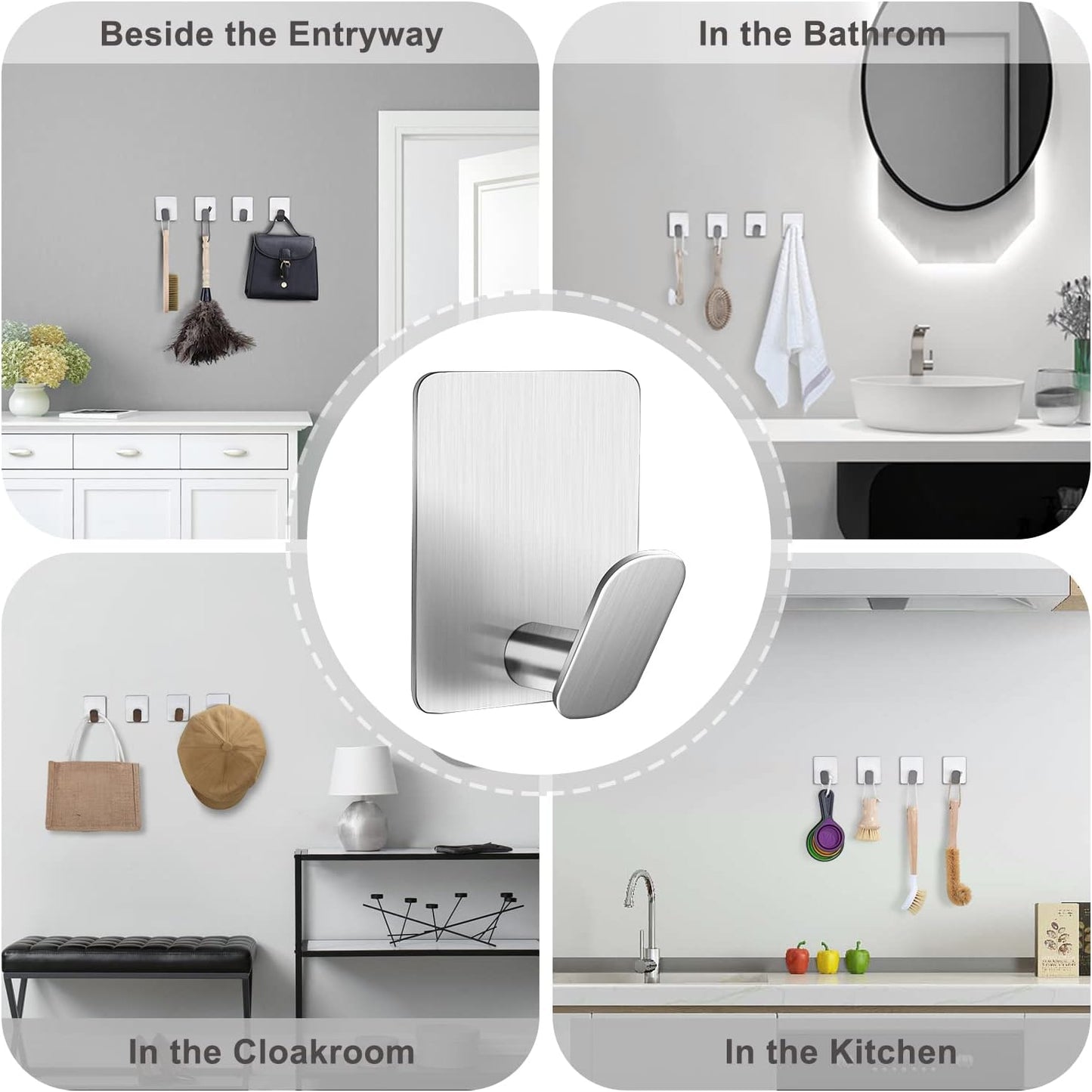 DELITON Adhesive Towel Hooks on Wall: Robe Hooks for Hanging Clothes Hats Stick on Bathroom/Kitchen SUS 304 Stainless Steel Silver