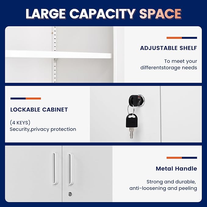 Yizosh Metal Storage Locking Cabinet with 4 Doors and 2 Adjustable Shelves,71" Lockable Garage Tall Steel Cabinet,for Home Office,Living Room,Pantry,Gym,Commercial Storage (White)