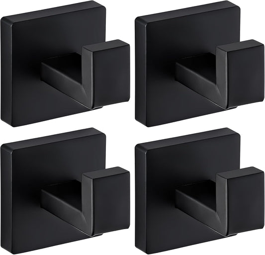 Matte Black Towel Hooks for Bathrooms, Heavy Duty Wall Mounted Stainless Steel Modern Hook, 4 Pack – Ideal for Hanging Towels, Robes, Coats, in Kitchen, Bedroom, Bathroom, or Hotel