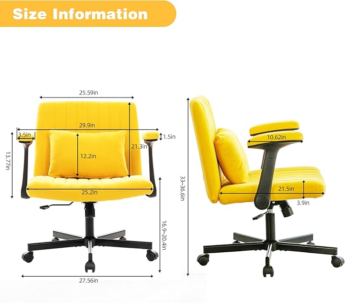 Furnimart Criss Cross Desk Char Wide Seat with Wheels and Arms, 360° Swivel Cross Legged Desk Chair Thick Cushion, Velvet Comfy Armless Home Office Chair for Bedroom, Vanity, Sturdy (Yellow)