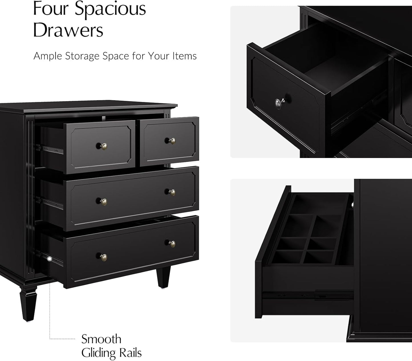 HULALA HOME Mid-Century Modern Nightstand with Charging Station and Divider Tray, 4-Drawer Bedside Table with Solid Wood Legs (Black)