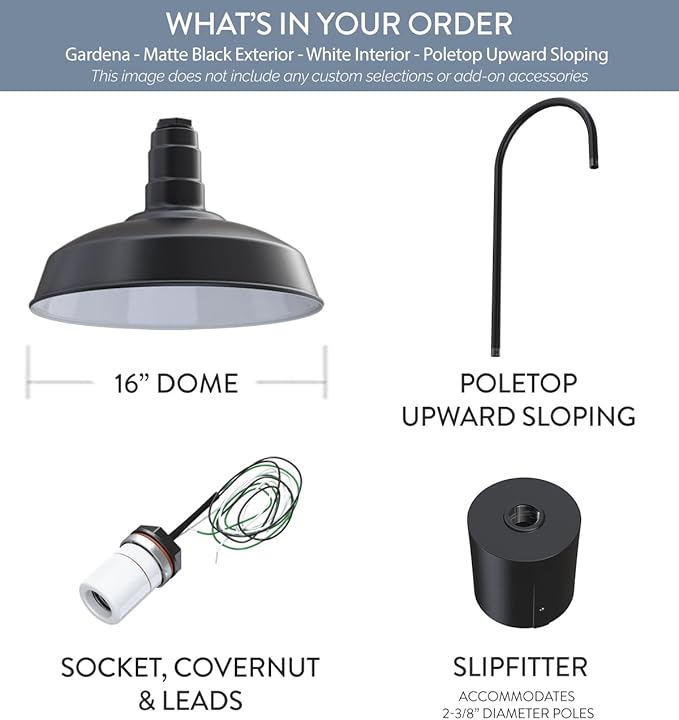 Steel Lighting Co. Gardena Barn Light | Outdoor Pole Top Mounted | 16" Dome | Upslope Gooseneck with Slip Fitter for 2-3/8" Standard Poles | Made in America | Matte Black Exterior/White Interior