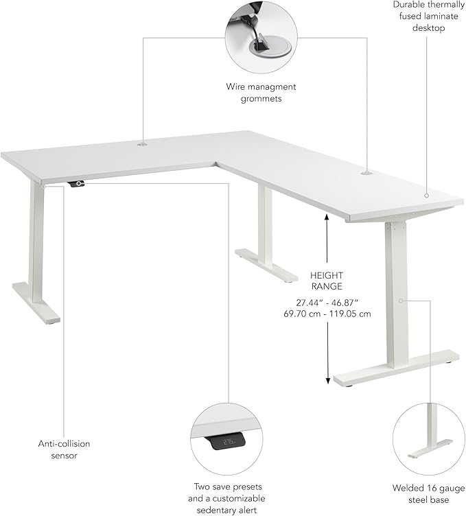 Bush Business Furniture 60-inch Height Adjustable L Shaped Standing Desk, Electric Sit-Stand Corner Computer Table, Ergonomic Office, Move 60 Series, White with Metallic Gray Base