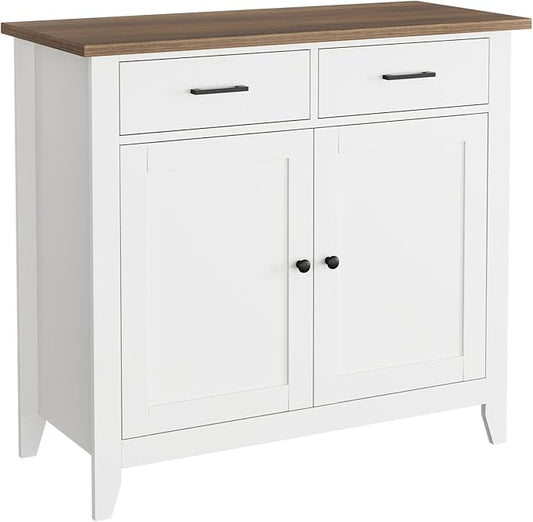 HORSTORS Kitchen Storage Cabinet, Modern Farmhouse Buffet Cabinet with Storage, Coffee Bar with 2 Drawers and 2 Doors, Floor Sideboard Buffet for Living Room, Dining Room, Bathroom, Ivory White
