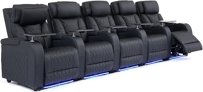 Home Theater Seating Top Grain Leather, Movie Theater Chairs Theater Recliner Sofa with Dual Power Ergonomic Design 7 Colors Ambient Lighting Tray Table Type-C USB Charge (Black, Row of 5)