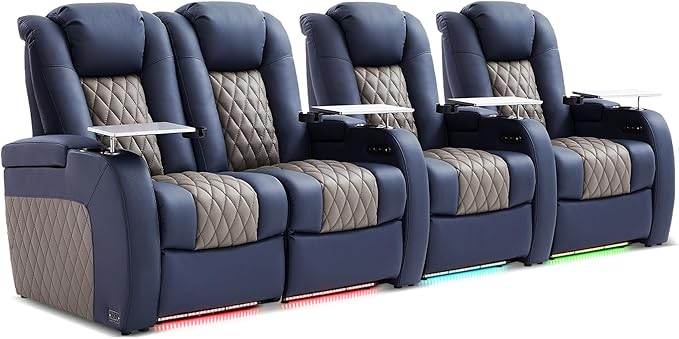 Home Theater Seating, Top Grain Leather Movie Seats Recliner Chair, Zero Gravity Reclining Gaming Sofa with Power Headrest 7 Colors Ambient Lighting 4 Seats Loveseat Left Blue Grey