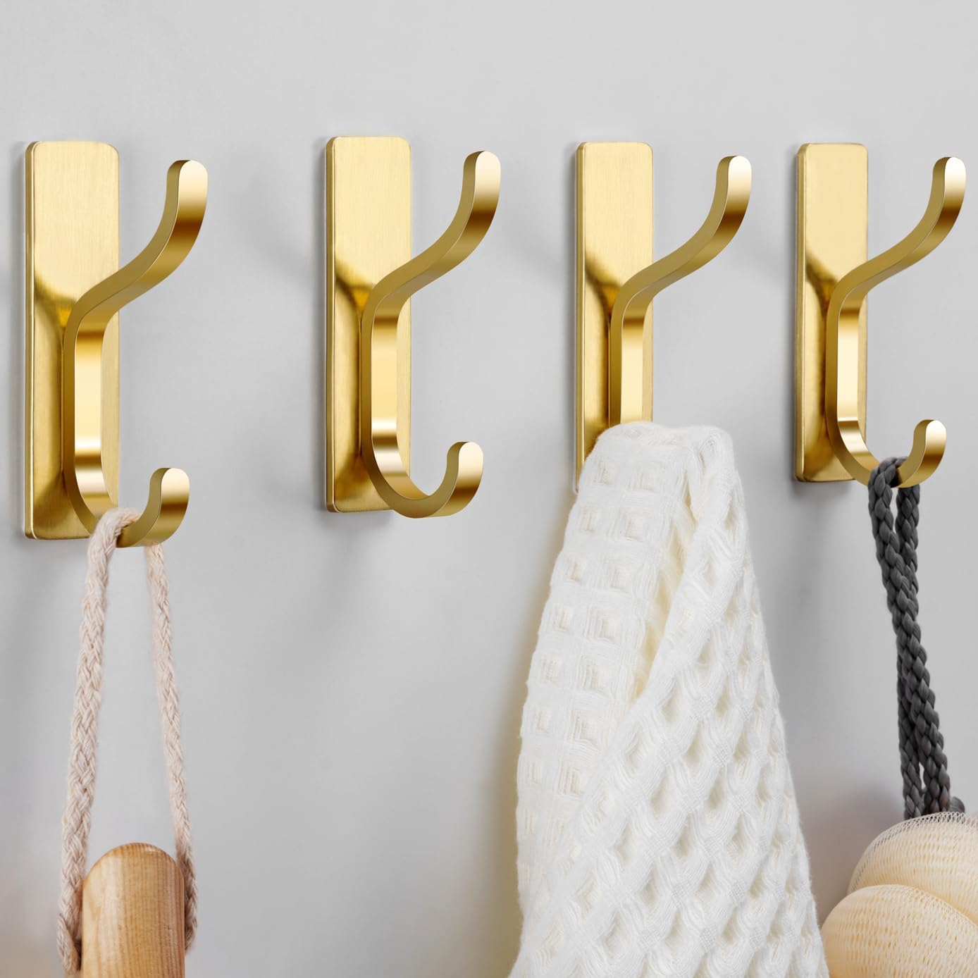 10-Pack Self Adhesive Wall Hooks for Hanging - 13 LB Strong Hold, Sticky Hangers for Coat, Towel, Purse, Keys, Bag - for Wall, Door, Bathroom, Shower, Dorm, Kitchen - Stainless Metal, Gold
