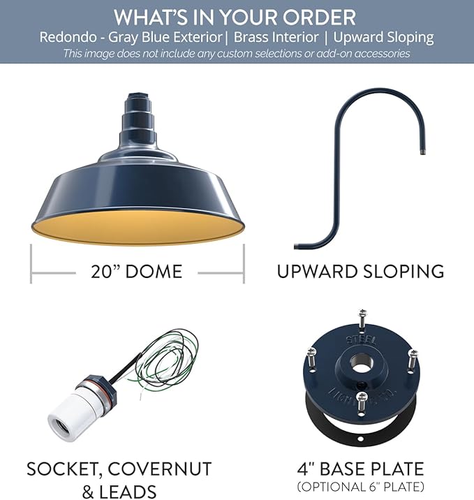 Steel Lighting Co. Redondo Barn Light | Outdoor Wall Mounted | 20 inch Dome | Upward Sloping Gooseneck | Large Farmhouse Warehouse Light Made in America | Gray Blue Exterior/Brass Interior