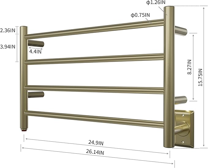 HEATGENE Towel Warmer 4 Bar Towel Dryer Wall-Mounted Plug-in Bath Towel Heater - Brushed Brass
