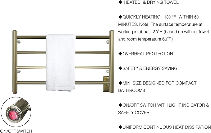HEATGENE Towel Warmer 4 Bar Towel Dryer Wall-Mounted Plug-in Bath Towel Heater - Brushed Brass