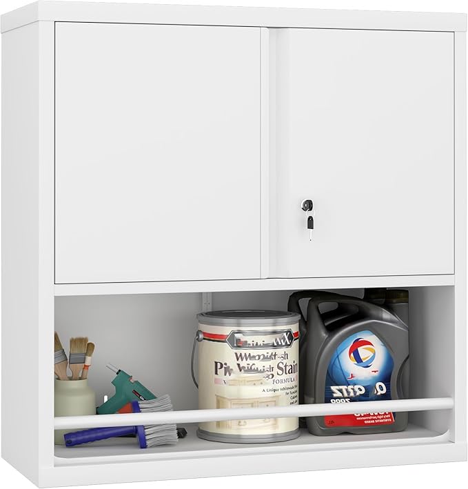 LUCYPAL Metal Wall Cabinet,Garage Wall Mounted Cabinets with Adjustable Shelf and Doors,Steel Hanging Cabinet with Open Storage for Home Office,Bathroom,Kitchen,White