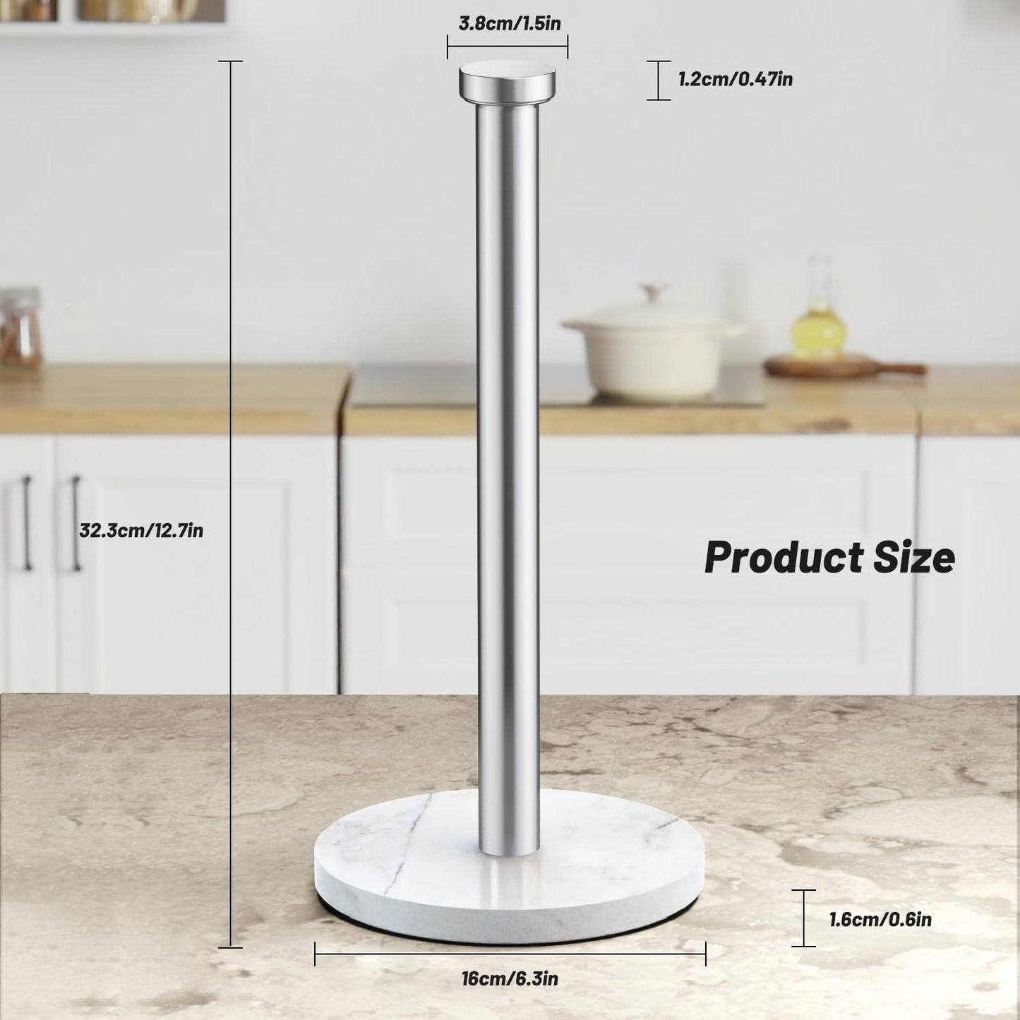 VEHHE Marble Paper Towel Holder for Kitchen Countertop, Standing Paper Towel Stand with Weighted Base & EVA Non-Slip Pad, for Bathroom or Kitchen (Silver)