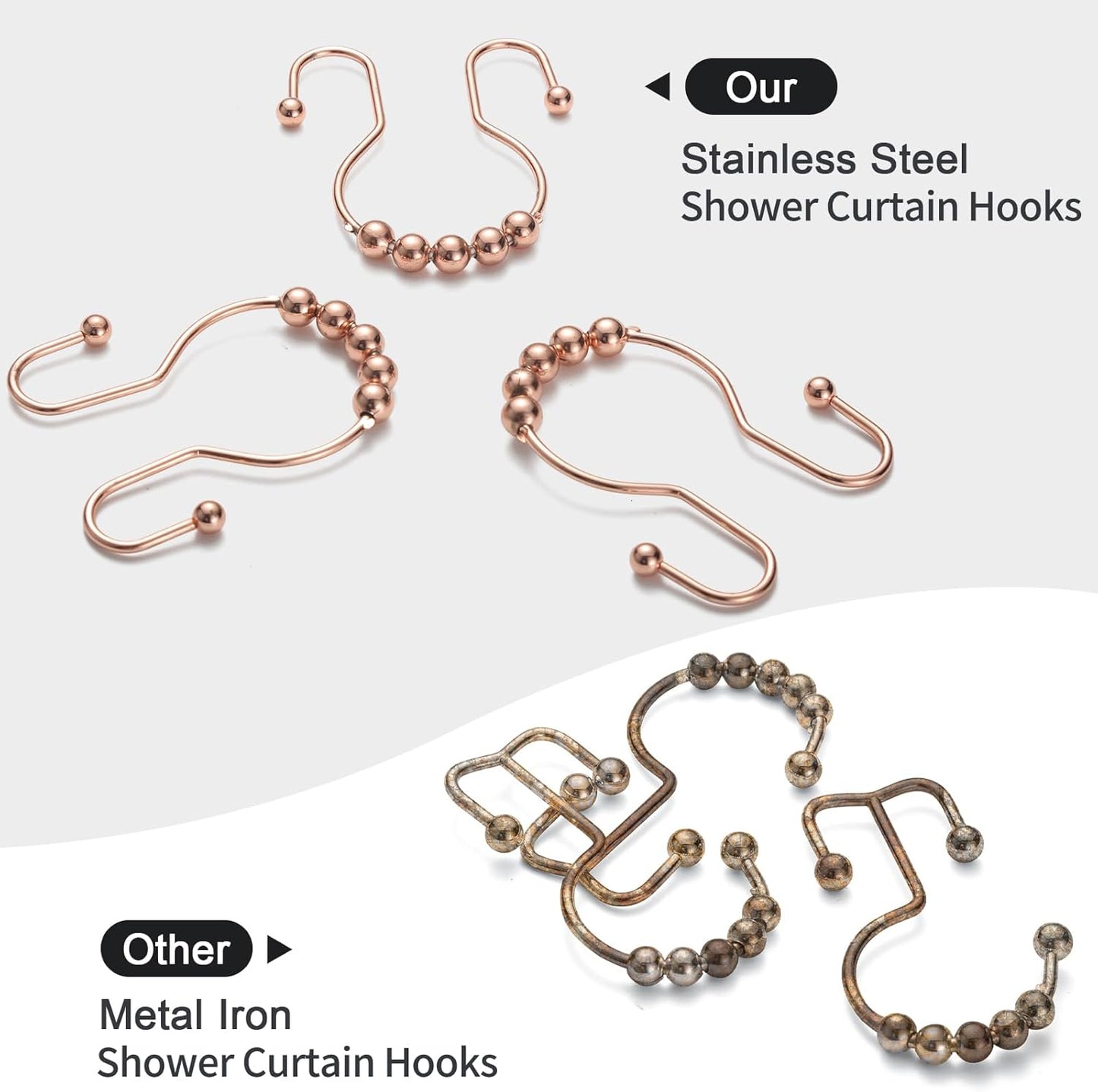 Goowin Shower Curtain Hooks, 12 Pcs Shower Curtain Rings, Stainless Steel Shower Curtain Hooks Rings Rust Proof, Smooth Sliding Anti-Drop Double Shower Hooks for Shower Curtain, Rods (Rose Gold)