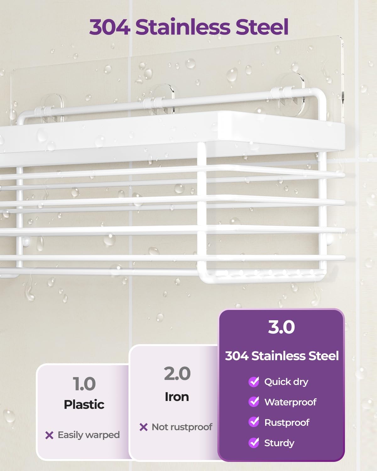 ODesign Shower Caddy 3 Pack SUS304 Stainless Steel-No Drilling-Shower Bathroom Shelves Rack,Rustproof Wall Mounted,Adhesive Shower Shelf Basket Organizer-White