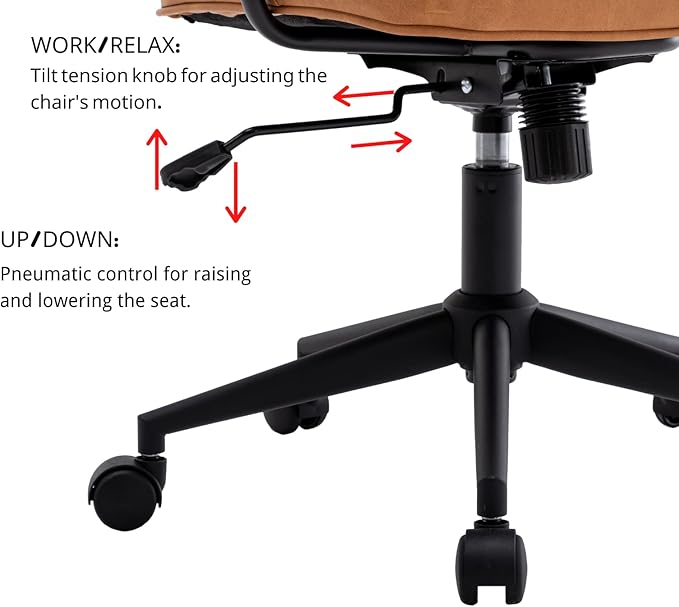 LukeAlon Adjustable Pu Leather Office Chair, Comfy 360° Swivel Task Chair with Armrest Modern Thickened Seat Desk Chair Tiltable Computer Chair with Button Tufted for Home Office, Light Brown