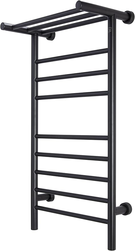 WarmlyYours Black Towel Warmers for Bathroom - Wall Mounted Black Heated Towel Rack with Shelf, 11 Bars Stainless Steel, 20x36 in. Electric Heating and Drying Rack, 120V Plug-in or Hardwired (Summit)