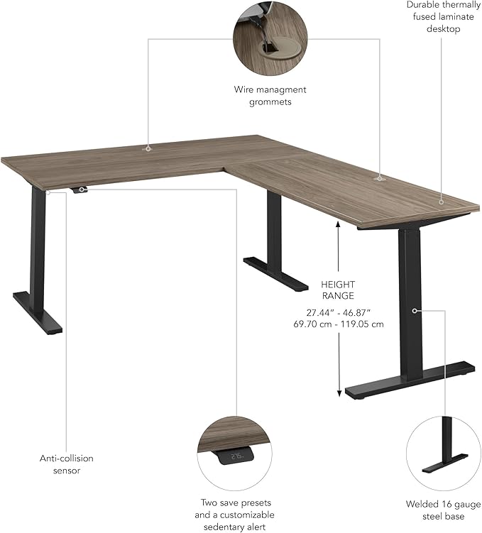 Bush Business Furniture 60-inch Height Adjustable L Shaped Standing Desk, Electric Sit-Stand Corner Computer Table, Ergonomic Office, Move 60 Series, Modern Hickory with Black Base