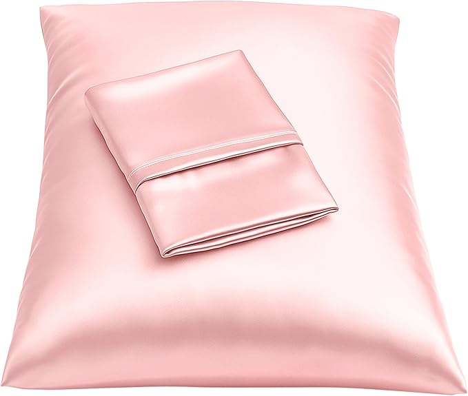 Pink Satin Pillowcase with Zipper, for Hair and Skin Care, Feels Soft and Cool Like a Silk Pillowcase, Satin Pillow Cases 2 Pack, Slik Pillow Cover, Queen Size - Set of 2