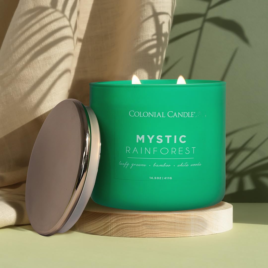 Colonial Candle Mystic Rainforest Scented Jar Candle, Pop of Color Collection, 3 Wick, Green, 14.5 oz - Up to 60 Hours Burn