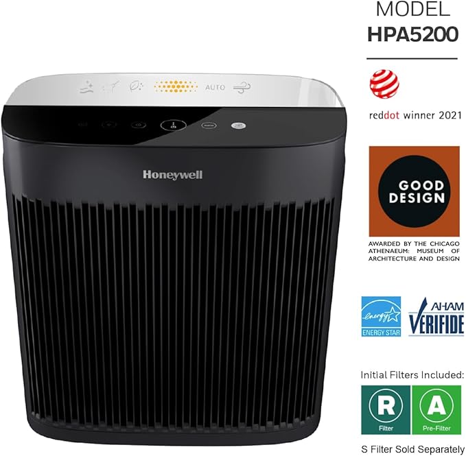 Honeywell HEPA Air Purifier for Home, Large Rooms Up To 1700 ft² in 1 hr, Air Quality Indicator, Auto Mode, Reduces Allergens, Dust, Pollen, Smoke, Pet Dander, Black, HPA5200
