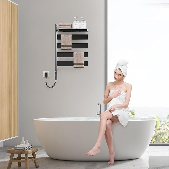 Swivel Heated Towel Rack, Wall Mounted Electric Towel Warmer Rack for Bathroom, 4 Square Bars Swivelable Towel Dryer with Tray, Towel Heater with Built-in Timer, for bathroom, Salons & Spas(G69-Black)